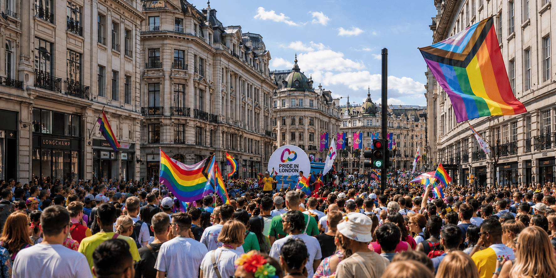 Crowds celebrating at Pride in London with rainbow flags