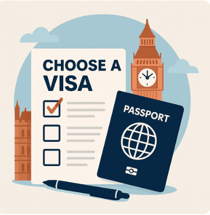 Flat digital illustration of a US citizen preparing to apply for a UK visa to move to London