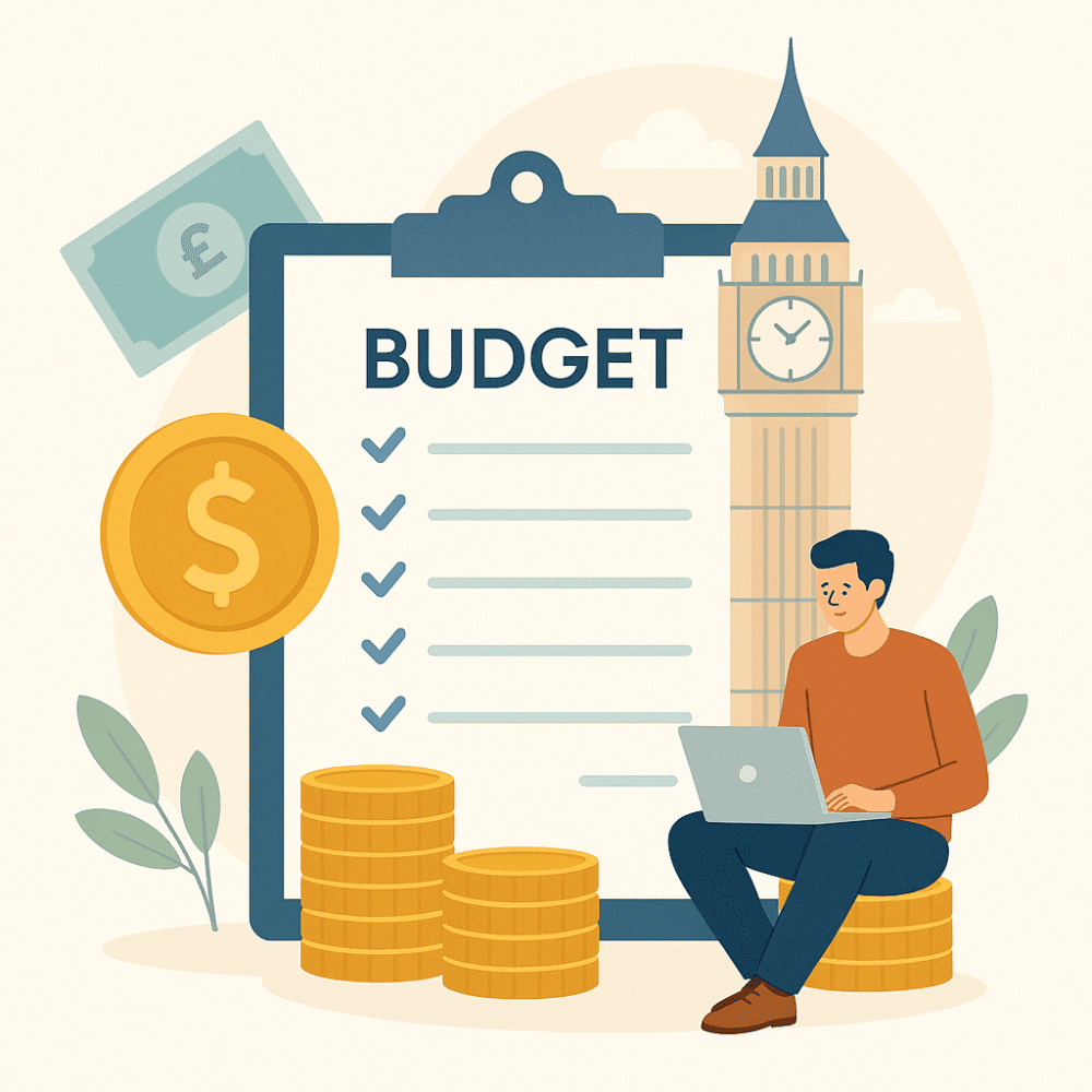 Flat illustration showing financial planning and budgeting for moving from the US to London