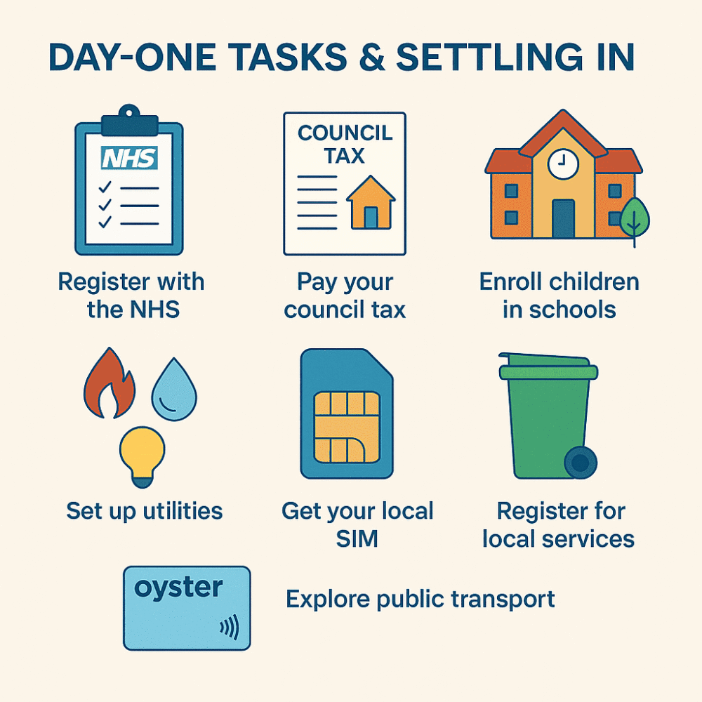 Illustration of essential first-day tasks for US expats settling in London, including NHS registration, council tax, utilities, SIM card, and transport setup
