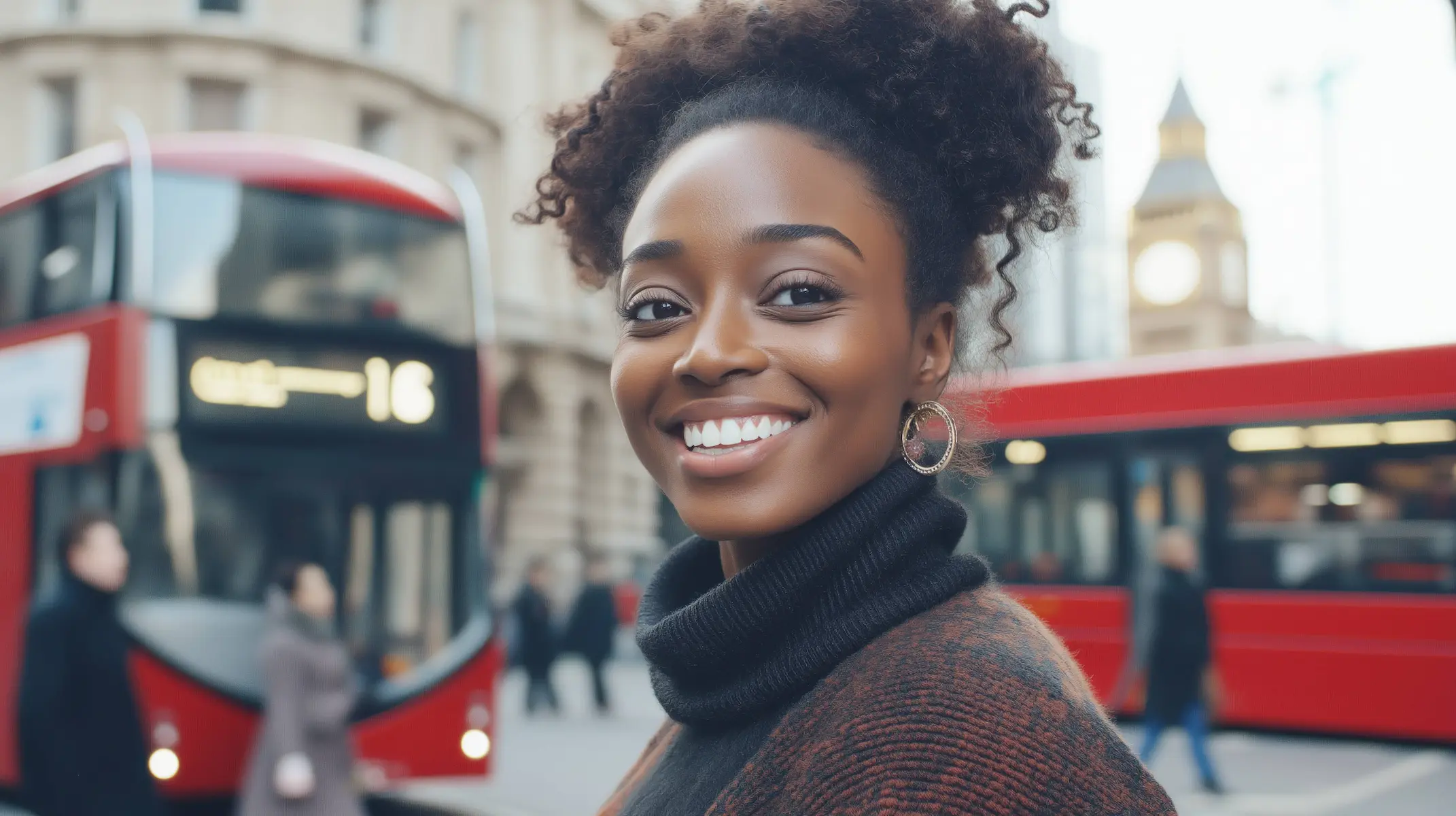 Happy woman relocating to London, with red buses in the background